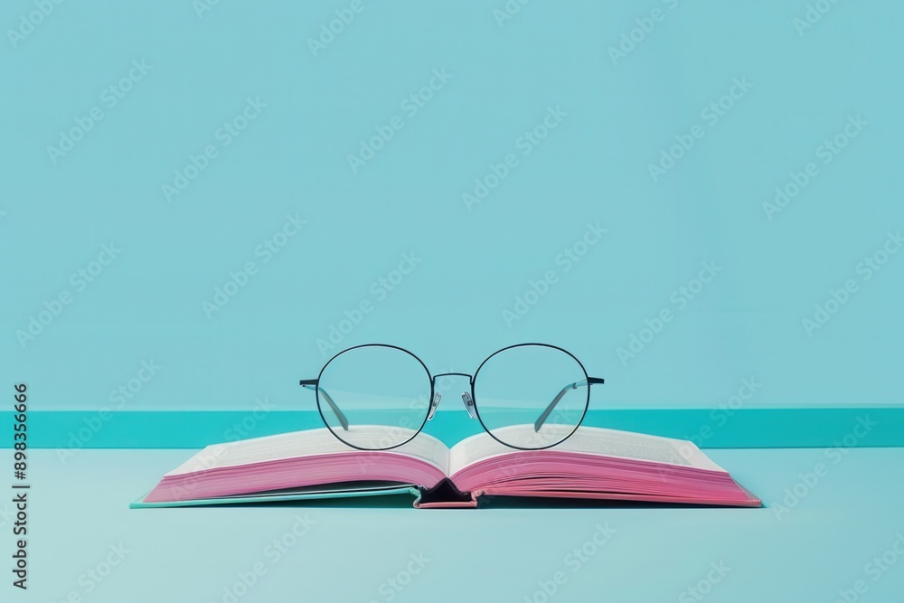 Poster a book lays open with a pair of glasses resting on the pages, against a light blue backdrop. generat