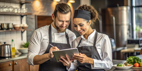 Two restaurant workers, wearing aprons, stand in the kitchen using a touchscreen tablet. They look focused and engaged in their task, with shelves of ingredients and kitchenware behind them