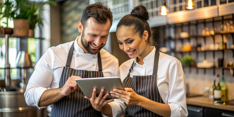 Two restaurant workers, wearing aprons, stand in the kitchen using a touchscreen tablet. They look focused and engaged in their task, with shelves of ingredients and kitchenware behind them