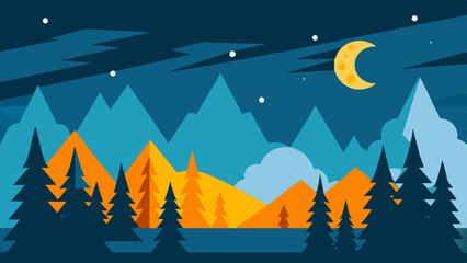 Nature's Nocturnal Beauty: Forest Night Scene Illustration.