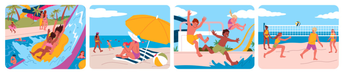 Beach pool. Summer party. Aqua park. Amusement water slides. Aquapark entertainment. Bath pipe swimming. Family swim relax. Tall splash. Waterpark attractions. Vector holiday sea vacation scenes set