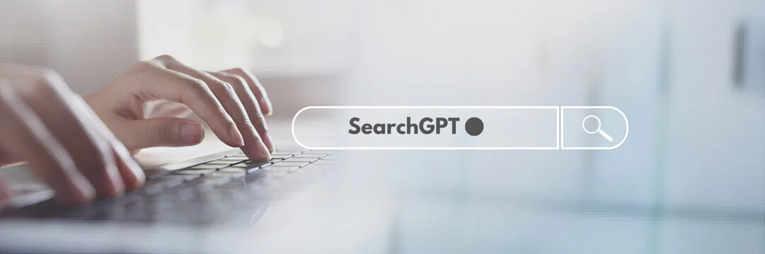 hands typing on a laptop, while a search is in the middle of image with test "SearchGPT" depicting the rise of SearchGPT over google search