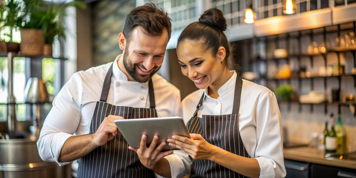 Two restaurant workers, wearing aprons, stand in the kitchen using a touchscreen tablet. They look focused and engaged in their task, with shelves of ingredients and kitchenware behind them