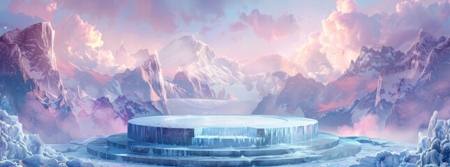 ice background podium cold winter snow product platform floor frozen mountain iceberg. ice background podium cool landscape stage ice design waterfall arctic concept cave.
