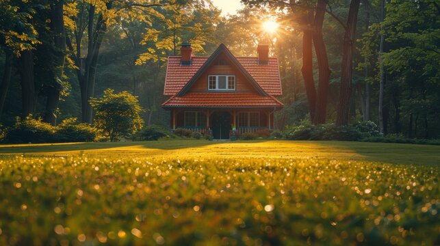 Cozy wooden house with a red roof is illuminated by the warm glow of the rising sun, casting long shadows across the lush green lawn