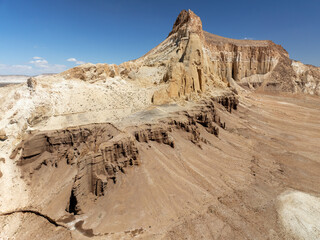 The Airakty Mountains rock formations resemble palaces and towers, making up a fabulous view. Mangystau Province, western Kazakhstan.