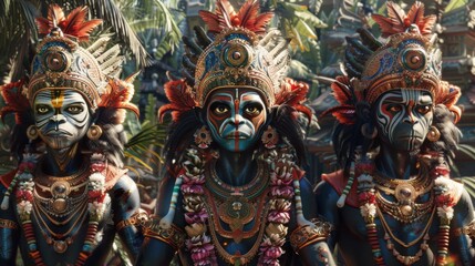 Three Monkey Warriors with Elaborate Headdresses