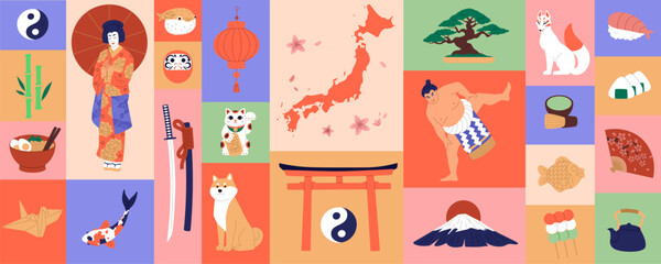 Fototapeta premium Japan collage. Travel landmark. Asian food. Geisha kimono. Island map. Traditional souvenir. Koi fish. Akita dog. Matcha tea. Samurai katana. Pagoda torii gate. Flat Japanese set. Vector illustration