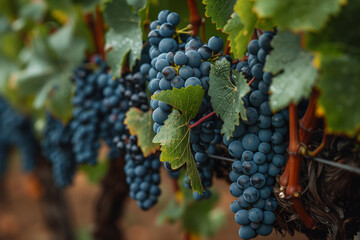 Fototapeta premium Bountiful clusters of ripe Merlot grapes hang heavy on the vine framed by the verdant foliage of a Bordeaux vineyard in Septembers harvest season