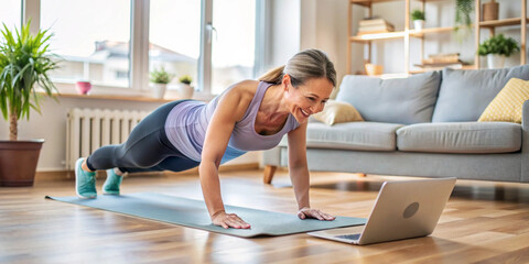 An older woman participates in an online fitness class, doing a plank exercise in her living room. She looks determined and focused, with a laptop showing the class instructor in front of her