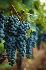 Bountiful clusters of ripe Merlot grapes hang heavy on the vine framed by the verdant foliage of a Bordeaux vineyard in Septembers harvest season