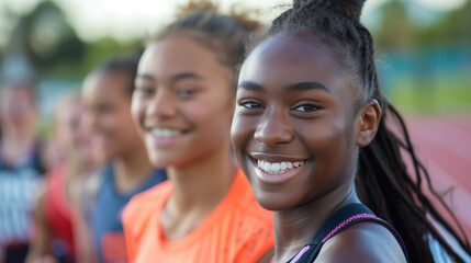 Smiling track and field athletes warming up before competition