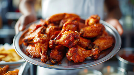 Close-up of a plate of crispy, saucy buffalo chicken wings held by a person in a kitchen or restaurant setting.