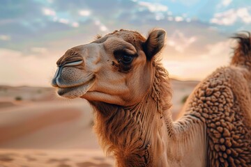 Close-up of a camel's face in a serene desert setting, showcasing the animal's unique features against the sandy dunes.