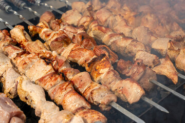 Kebab skewer meat dish. BBQ meat on grill. 