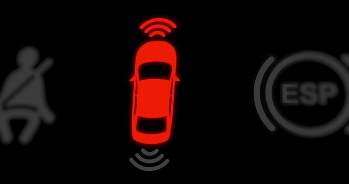 Parking sensor blinking light on car dashboard, car park safety system icon, footage