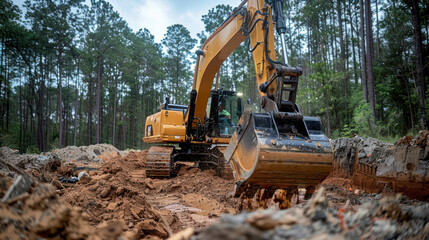 Fototapeta premium Heavy equipment operator maneuvering an excavator, showcasing the machinery involved in construction