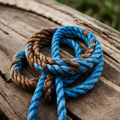 Obraz premium Close-up of brown and blue fiber ropes tied in a decorative knot on a wooden surface