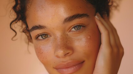 Naklejka premium Captivating Close-Up of a Beautiful Woman with Glowing Skin and Soft Lips