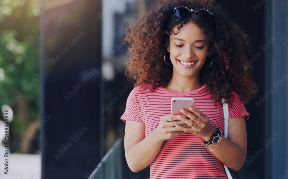 Aufkleber Woman, balcony and happy with texting on smartphone with mobile app for online dating and interaction. Female person, outside and smile with internet or website for social media and networking