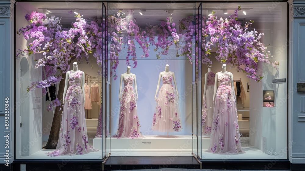 Poster a window display of dresses with a tree in the background