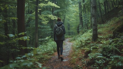 A person walking through a forest breathing in the fresh air, serene nature