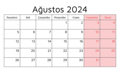 August 2024 TURKISH calendar - Agustos. Vector illustration. Monthly planning for your business in Turkey