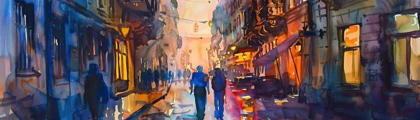 Fototapeta premium Old World Charm: Nostalgic European Street in Dusk Watercolor Painting with Warm Lighting