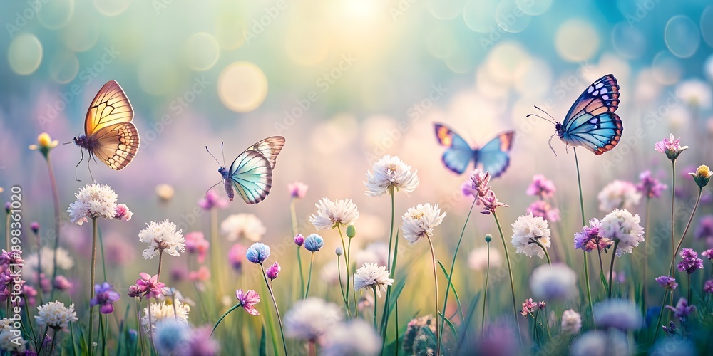 Poster pastel color butterflies on delicate spring flowers in a field with a space for text spring time ai-