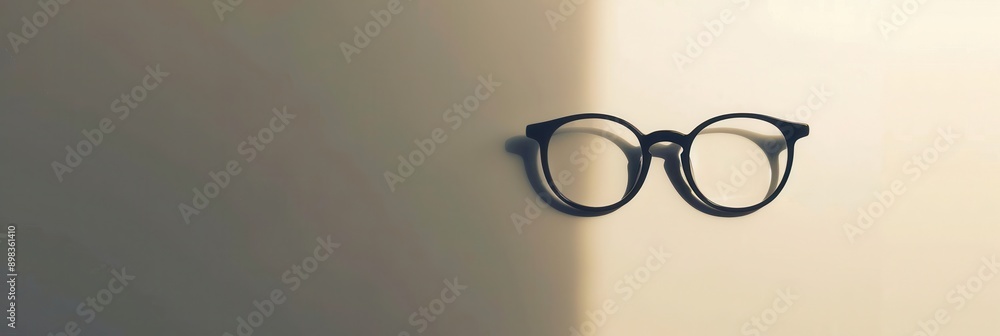 Aufkleber a pair of black eyeglasses lies on a white tabletop, with light casting a diagonal shadow behind the