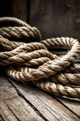 Fototapeta premium Close-up of thick natural fiber ropes coiled in a layered pattern against a plain background
