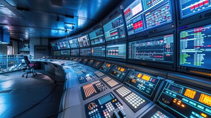 Control room in a power plant, filled with monitors and control panels