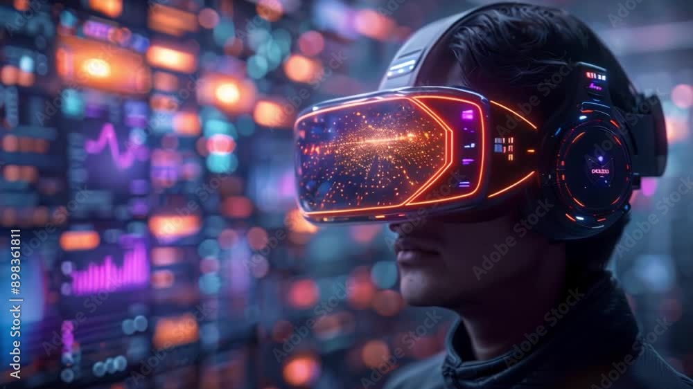 Poster a person is wearing a virtual reality headset, with a futuristic interface displaying glowing data p