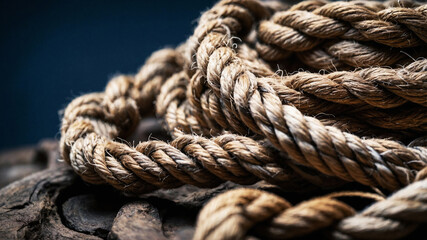 Detailed close-up of thick natural fiber rope tied in a double overhand knot against a neutral background

