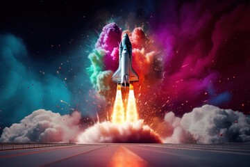 The rocket out of the space vehicle transportation illuminated. .