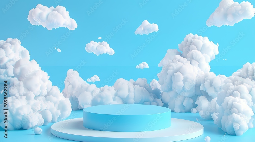 Poster an abstract stage pastel scene with a cloud background podium showing 3d product in the sky and a wh