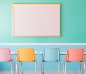Vibrant Classroom Setting with Empty Desks and Whiteboard - Educational Environment for Learning and Creativity