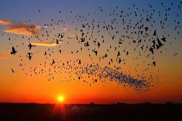 A flock of European starlings performing a mesmerizing murmuration against a sunset sky. 