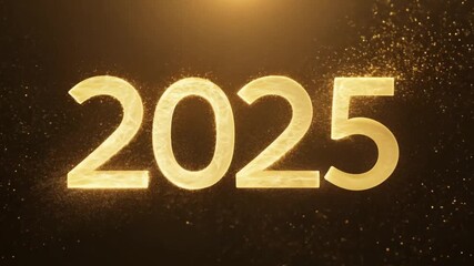 Happy new year 2025 golden numbers on dark background. A swirling vortex of golden light shine particles gradually forming the "2025" text. Happy New Year 2025 card design.