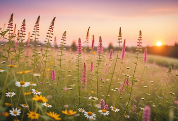 beautiful meadow wildflowers soft pastel sunset high details high definition vibrant