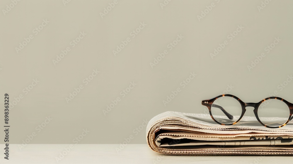 Aufkleber a stack of folded newspapers sits on a light-colored surface, with round eyeglasses resting on top. 