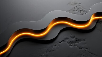 Orange neon light glowing behind modern black wavy shape on dark concrete wall
