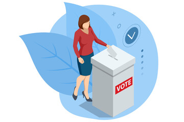 2024 United States of America Presidential Election banner. A young woman, a citizen of the United States, is casting her vote by placing a paper into a ballot box at a polling station.