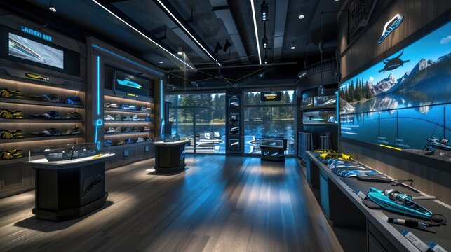 digital fishing gear shop with virtual lake testing and gear customization options on interactive screens