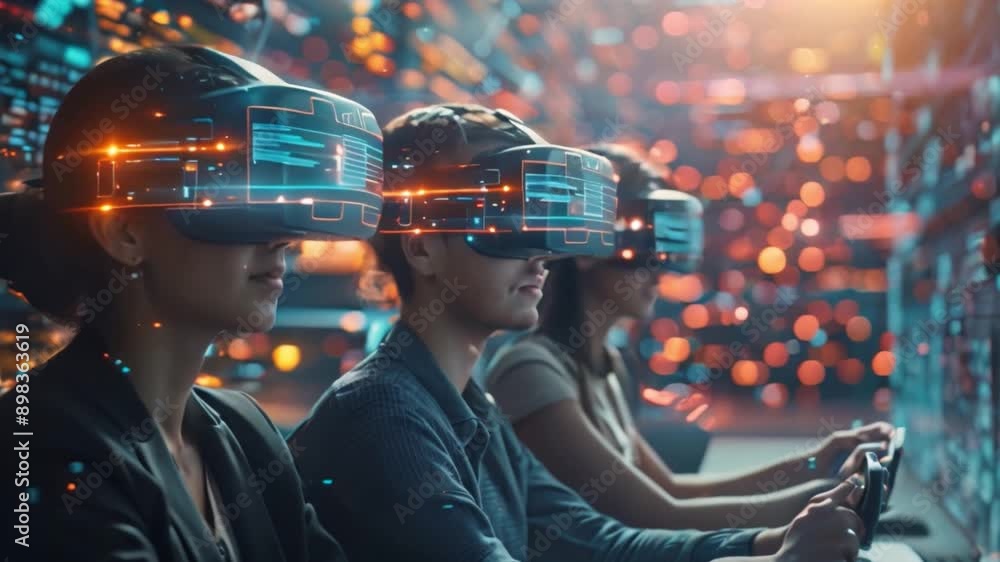 Poster three individuals wearing virtual reality headsets collaborate in a digital environment, using contr