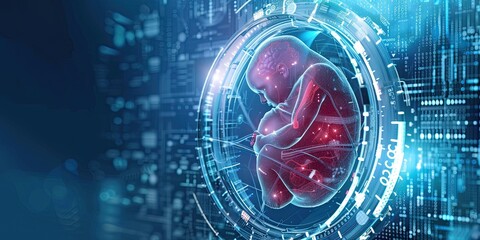 Obraz premium human womb anatomy inside transparent round shield protection futuristic with light on blue background 