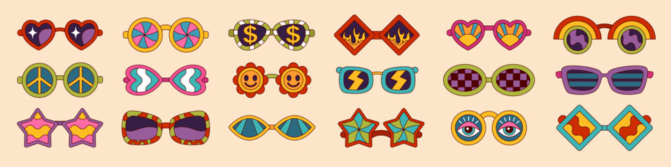 Groovy sunglasses. 1960s glasses. Star or love heart shapes. Disco summer accessories. Geometric eyewear. Retro sun protection. Vintage fashion. Cartoon elements. Vector hipster tidy eyeglasses set