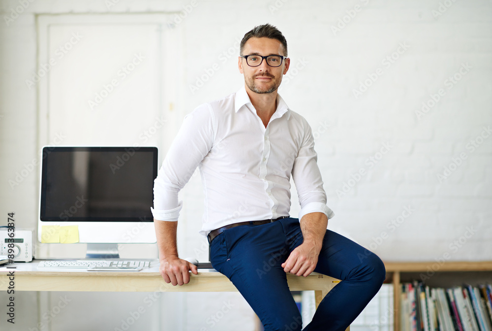 Poster Computer, desk and portrait of web development man in office for administration of creative programming. Business, design and tech with website developer in professional workplace for IT support