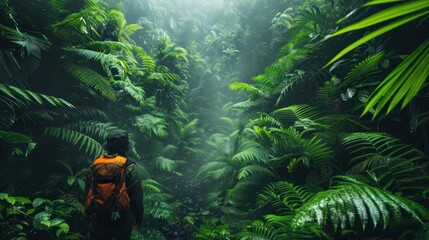 A traveler exploring a tropical rainforest, surrounded by lush greenery and exotic wildlife
