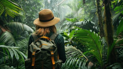 Fototapeta premium A traveler exploring a tropical rainforest, surrounded by lush greenery and exotic wildlife